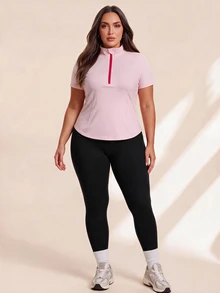 SHEIN Rhythm Era 大尺碼休閒極簡風 1/4 拉鍊短袖運動衫，夏季健身運動淺粉色 - 粉色 - 查看 3