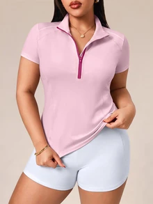 SHEIN Rhythm Era 大尺碼休閒極簡風 1/4 拉鍊短袖運動衫，夏季健身運動淺粉色 - 粉色 - 查看 4