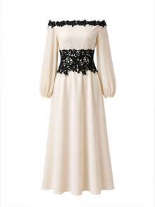 NOVVYNE Elegant Off Shoulder Contrast Lace Trim Waist Panel Long Sleeve A Line Apricot Women's Dress, New Fall For Wedding Guest Going Out Date Party - Apricot - View 8