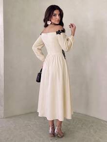 NOVVYNE Elegant Off Shoulder Contrast Lace Trim Waist Panel Long Sleeve A Line Apricot Women's Dress, New Fall For Wedding Guest Going Out Date Party - Apricot - View 3