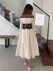 NOVVYNE Elegant Off Shoulder Contrast Lace Trim Waist Panel Long Sleeve A Line Apricot Women's Dress, New Fall For Wedding Guest Going Out Date Party - Apricot - View 7