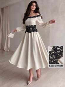 NOVVYNE Elegant Off Shoulder Contrast Lace Trim Waist Panel Long Sleeve A Line Apricot Women's Dress, New Fall For Wedding Guest Going Out Date Party - Apricot - View 6