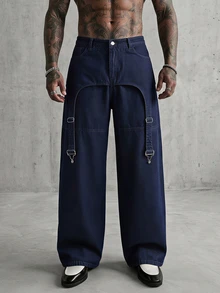 AXEPEAK Men's Gourd Buckle Decor Washed Vintage Long Pants - Blue - View 1