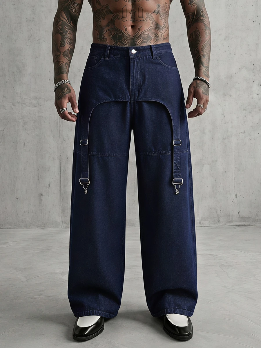 AXEPEAK Men's Gourd Buckle Decor Washed Vintage Long Pants - Blue - View 1