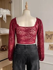 Comfortcana 秋冬法式燈籠袖蕾絲拼接方領胸部墊高哥德風女式大碼上衣，適合外出、夜店、萬聖節，酒紅色 - 酒紅色 - 查看 2