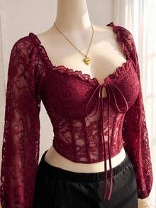 Comfortcana 秋冬法式燈籠袖蕾絲拼接方領胸部墊高哥德風女式大碼上衣，適合外出、夜店、萬聖節，酒紅色 - 酒紅色 - 查看 5