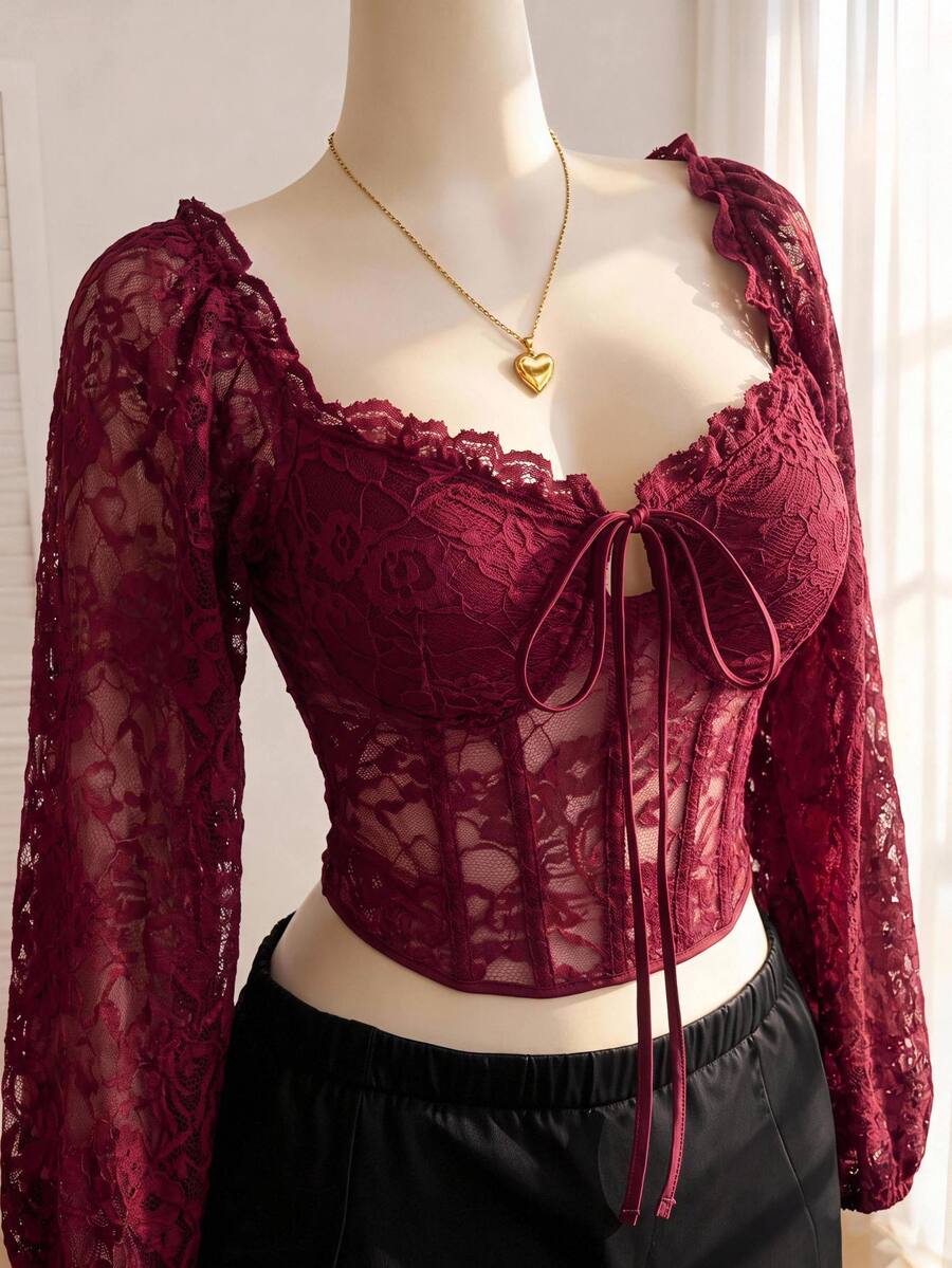 Comfortcana Autumn/Winter French Style Lantern Sleeve Lace Patchwork Square Neck Padded Bust Gothic Blouse Going Out Club Plus Size Women Halloween Burgundy - Burgundy - View 1