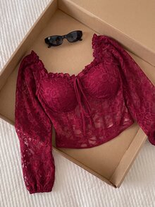 Comfortcana 秋冬法式燈籠袖蕾絲拼接方領胸部墊高哥德風女式大碼上衣，適合外出、夜店、萬聖節，酒紅色 - 酒紅色 - 查看 4