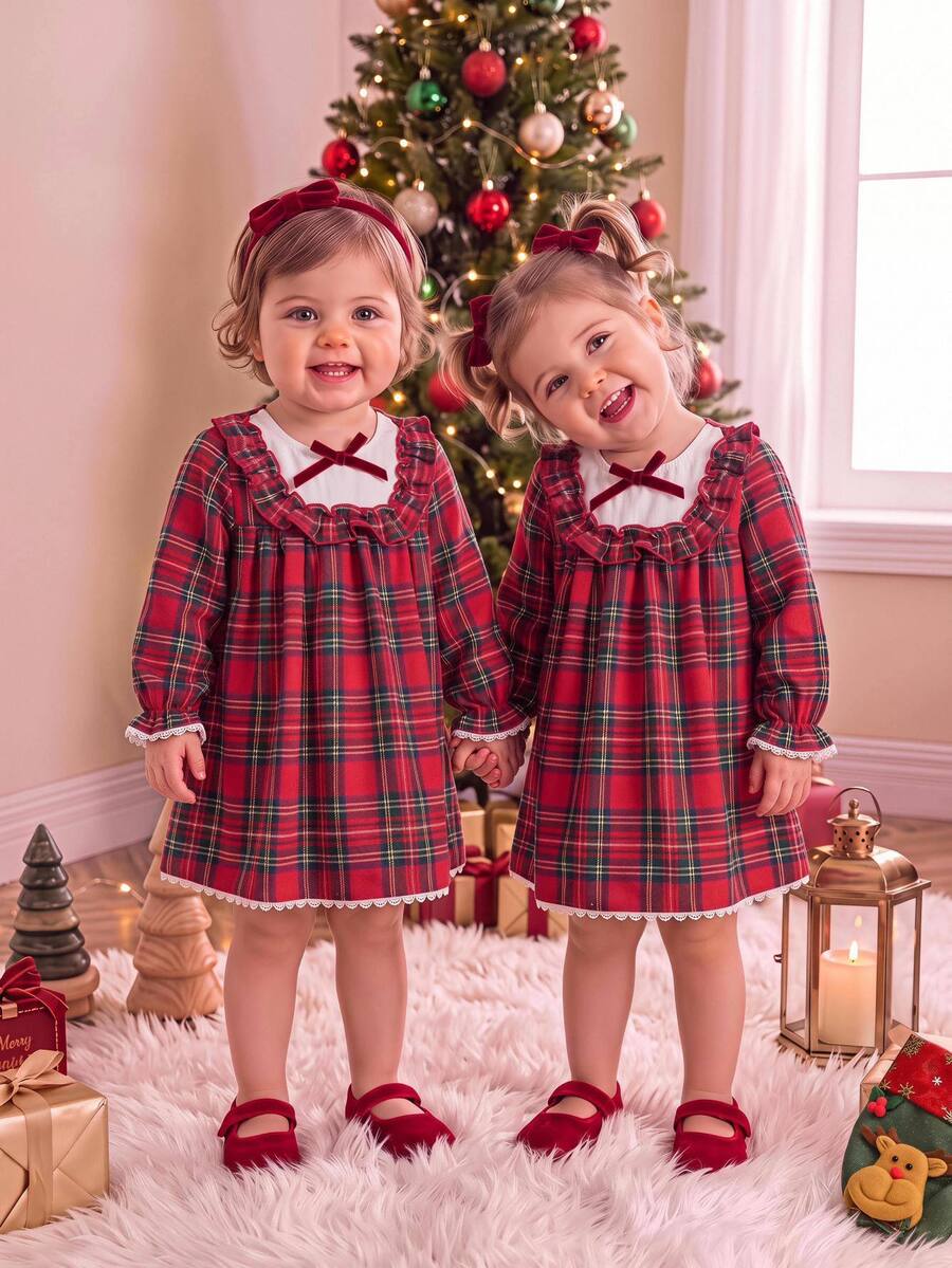 SHEIN Babygirl Cute College Style Colorblock Ruffle Hem Dress Doll Dress - Red - View 1