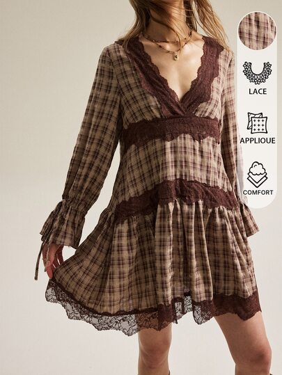SHEIN Women's V-Neck Plaid Lace Patchwork Bell Sleeve Tie Bow A-Line Vintage Dress