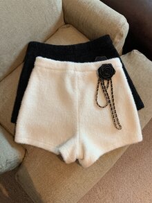 SHEIN Franclia 女士秋冬毛絨短褲，高腰設計可提升腰線並優化身材比例，短版剪裁顯腿長 - 白色 - 查看 2