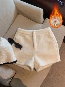 SHEIN Franclia 女士秋冬毛絨短褲，高腰設計可提升腰線並優化身材比例，短版剪裁顯腿長 - 白色 - 查看 3