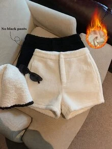 SHEIN Franclia 女士秋冬毛絨短褲，高腰設計可提升腰線並優化身材比例，短版剪裁顯腿長 - 白色 - 查看 1