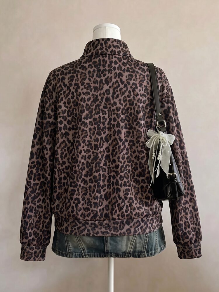 Teen Girls Leopard Print Half Zip Fleece Sweatshirt Brown Vintage Stand Collar Loose Pullover Fall Y2K Casual Streetwear - Multicolor - View 2