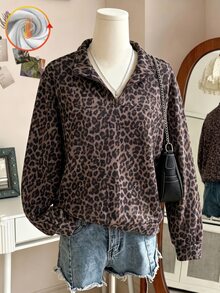 Teen Girls Leopard Print Half Zip Fleece Sweatshirt Brown Vintage Stand Collar Loose Pullover Fall Y2K Casual Streetwear - Multicolor - View 4