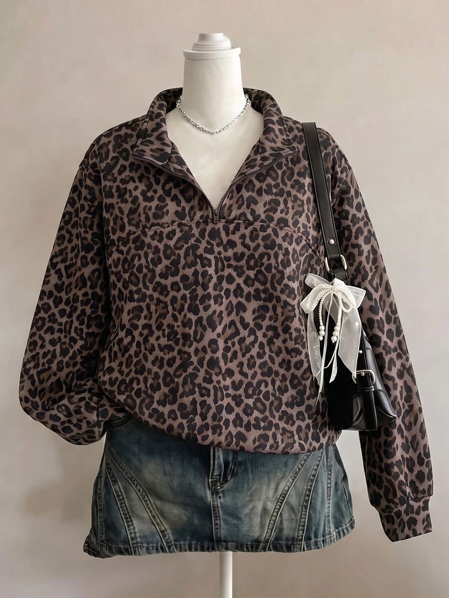 Teen Girls Leopard Print Half Zip Fleece Sweatshirt Brown Vintage Stand Collar Loose Pullover Fall Y2K Casual Streetwear - Multicolor - View 1