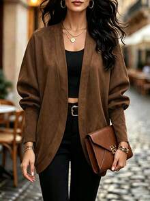 Balvessa Coffee Brown Solid Color Suede Batwing Sleeve Open Front Casual Autumn/Winter Women's Lightweight Jacket - Coffee Brown - View 3