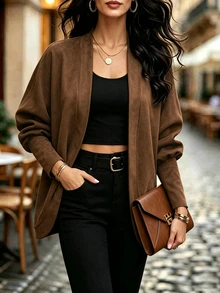 Balvessa Coffee Brown Solid Color Suede Batwing Sleeve Open Front Casual Autumn/Winter Women's Lightweight Jacket - Coffee Brown - View 4