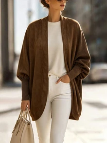 Balvessa Coffee Brown Solid Color Suede Batwing Sleeve Open Front Casual Autumn/Winter Women's Lightweight Jacket - Coffee Brown - View 1