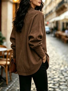 Balvessa Coffee Brown Solid Color Suede Batwing Sleeve Open Front Casual Autumn/Winter Women's Lightweight Jacket - Coffee Brown - View 2