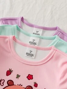 [Random 1 Set] Young Girls Pajamas, New Arrival Cute Hamster Pattern Print Tight Fit Knit Fabric Short Sleeve Top And Long Pants Sleepwear Set, 1 Top + 1 Pants (Random Delivery) - Multicolor - View 3