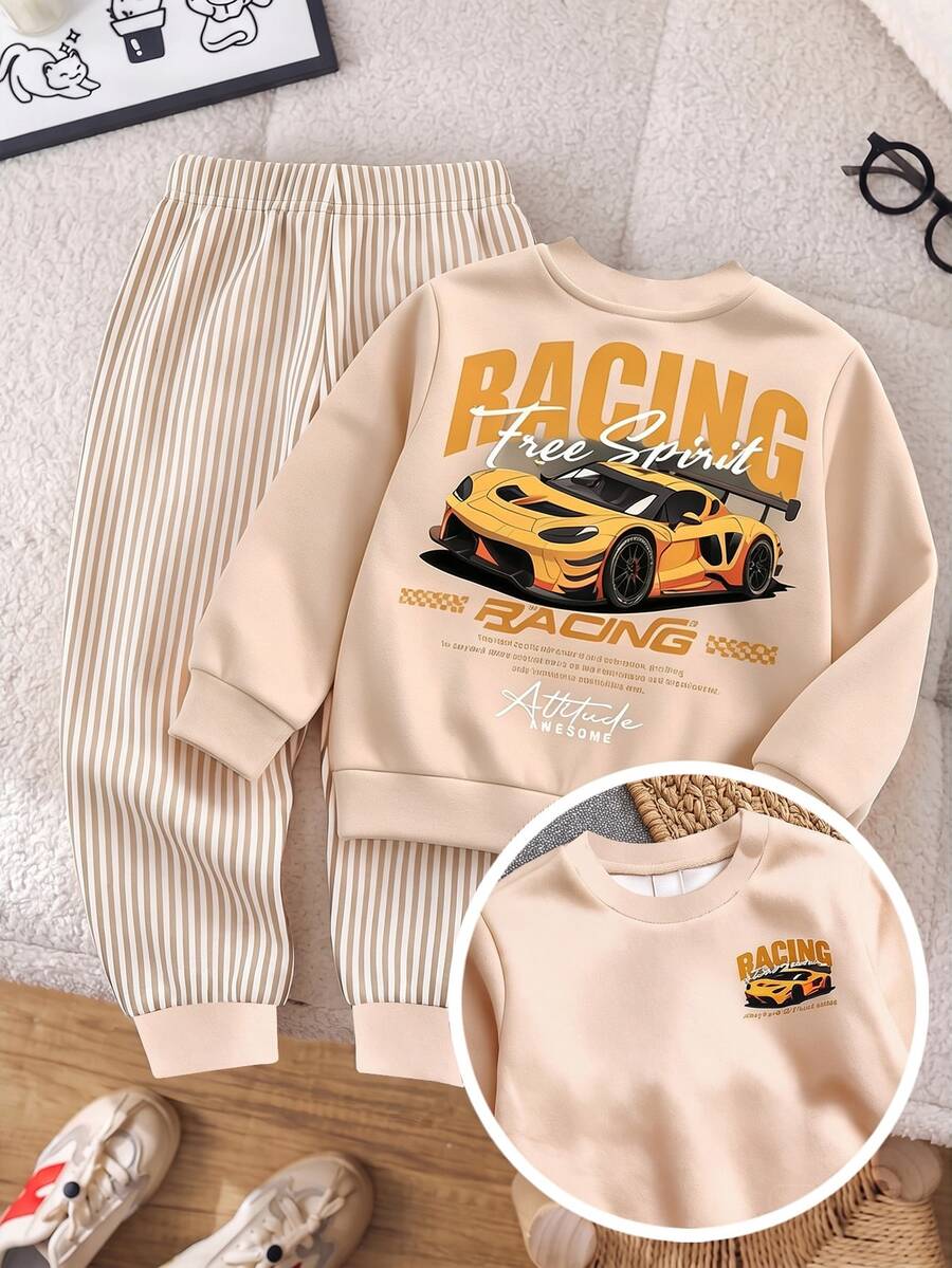 Young Boys Loose Sports Casual Comfortable Long Sleeve Sweatshirt & Pants 2pcs Set, Suitable For Autumn/Winter, Classic Cool Racing Car Graphic Print, Handsome Text Graphic Print - Multicolor - View 1