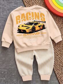 Young Boys Loose Sports Casual Comfortable Long Sleeve Sweatshirt & Pants 2pcs Set, Suitable For Autumn/Winter, Classic Cool Racing Car Graphic Print, Handsome Text Graphic Print - Multicolor - View 3