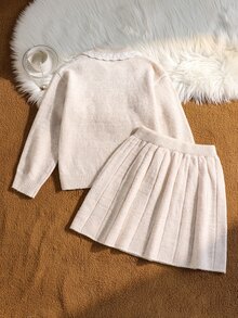 SHEIN Genkimix Kids 時尚針織兩件套 秋冬女款翻領套頭毛衣 法式復古可愛粗針織杏色套頭毛衣與針織裙 冬季套裝，秋冬優雅風格女款，適合日常穿著、學校、外出、派對 - 杏色 - 查看 2