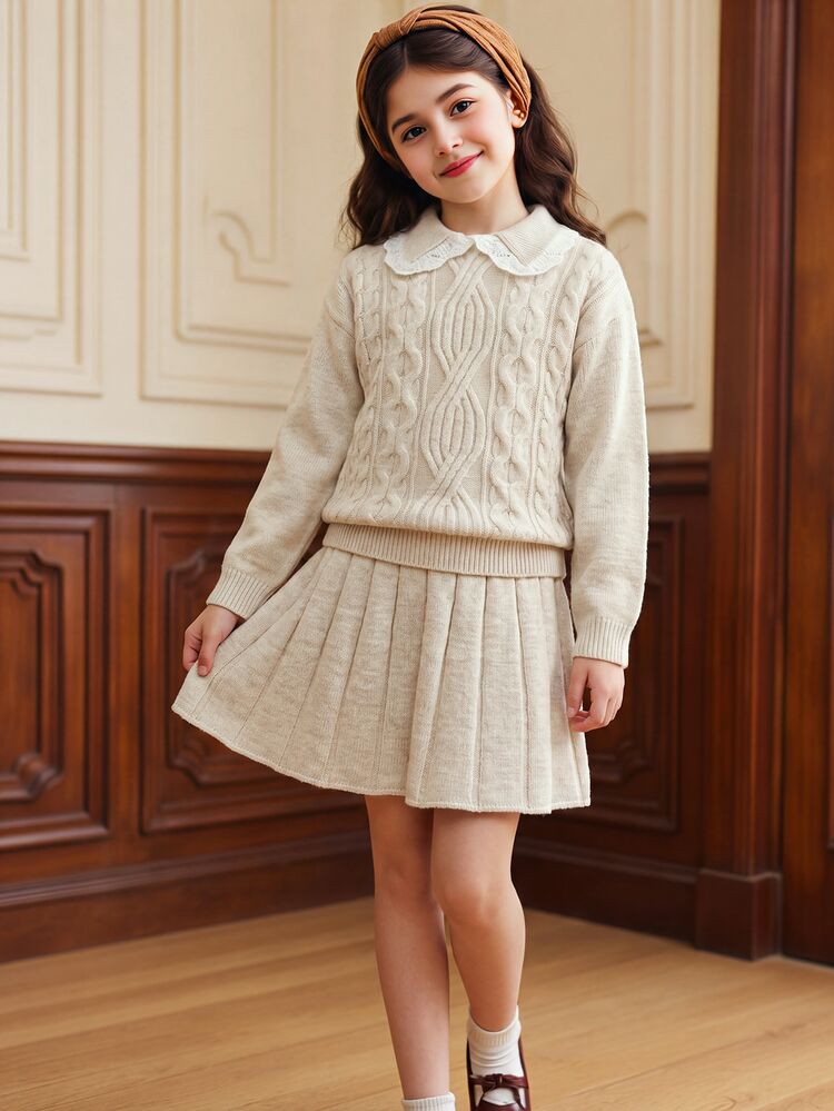 SHEIN Genkimix Kids Fashionable Knitted 2-Piece Set Autumn/Winter Girls' Turn Collar Pullover Sweater French Vintage Cute Chunky Knit Apricot Pullover Sweater And Knitted Skirt Winter Outfit, Autumn/Winter Elegant Style Girls, Suitable For Daily Wear, School, Outings, Parties - Apricot - View 3