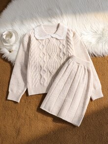 SHEIN Genkimix Kids 時尚針織兩件套 秋冬女款翻領套頭毛衣 法式復古可愛粗針織杏色套頭毛衣與針織裙 冬季套裝，秋冬優雅風格女款，適合日常穿著、學校、外出、派對 - 杏色 - 查看 4