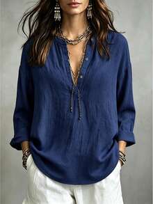 Linhara CURVE Plus Size Woven Casual Office-Style Autumn Shirt - Navy Blue - View 6