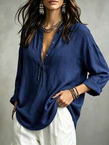 Linhara CURVE Plus Size Woven Casual Office-Style Autumn Shirt - Navy Blue - View 3