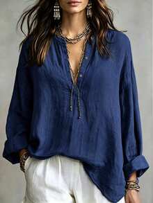 Linhara CURVE Plus Size Woven Casual Office-Style Autumn Shirt - Navy Blue - View 1