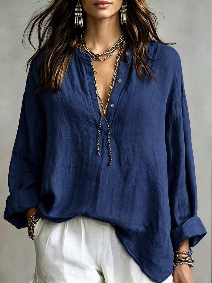 Linhara CURVE Plus Size Woven Casual Office-Style Autumn Shirt - Navy Blue - View 1