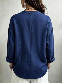 Linhara CURVE Plus Size Woven Casual Office-Style Autumn Shirt - Navy Blue - View 2