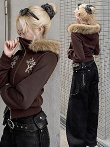 DAZY Brown High Neck Zip-Up Embroidered Pattern Fleece Trim Slim Fit Long Sleeve Street Casual Sweatshirt Jacket - Brown - View 3