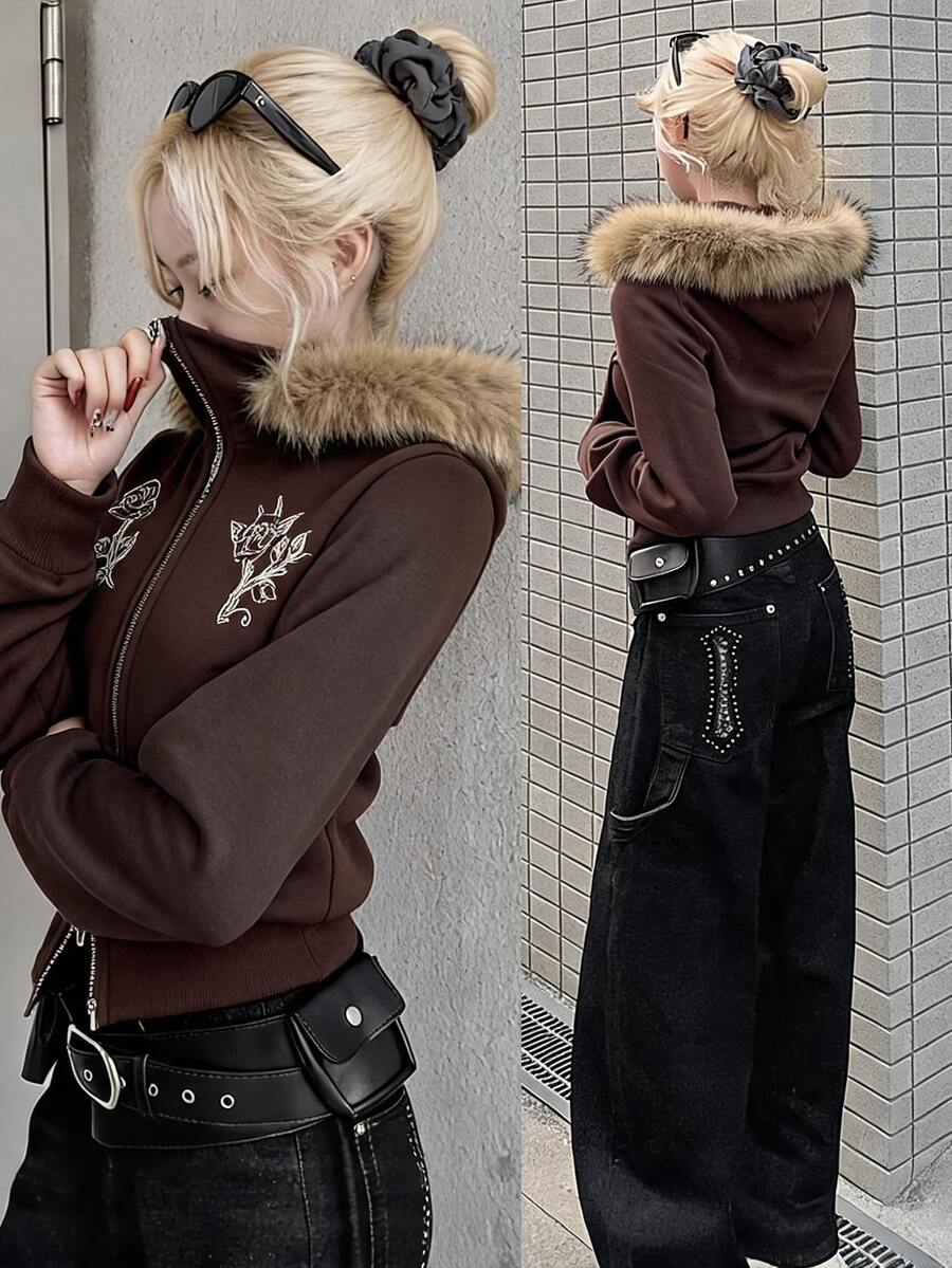 DAZY Brown High Neck Zip-Up Embroidered Pattern Fleece Trim Slim Fit Long Sleeve Street Casual Sweatshirt Jacket - Brown - View 1