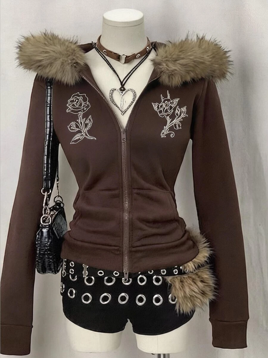 DAZY Brown High Neck Zip-Up Embroidered Pattern Fleece Trim Slim Fit Long Sleeve Street Casual Sweatshirt Jacket - Brown - View 1