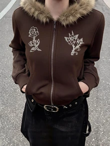 DAZY Brown High Neck Zip-Up Embroidered Pattern Fleece Trim Slim Fit Long Sleeve Street Casual Sweatshirt Jacket - Brown - View 2