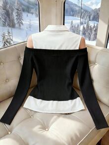 GlowEve Áo blouse dáng ngắn giả hai mảnh tay dài dệt kim gân cho nữ - Nhiều màu - Xem 2