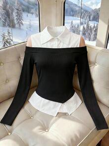GlowEve Áo blouse dáng ngắn giả hai mảnh tay dài dệt kim gân cho nữ - Nhiều màu - Xem 5
