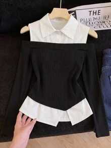 GlowEve Áo blouse dáng ngắn giả hai mảnh tay dài dệt kim gân cho nữ - Nhiều màu - Xem 1