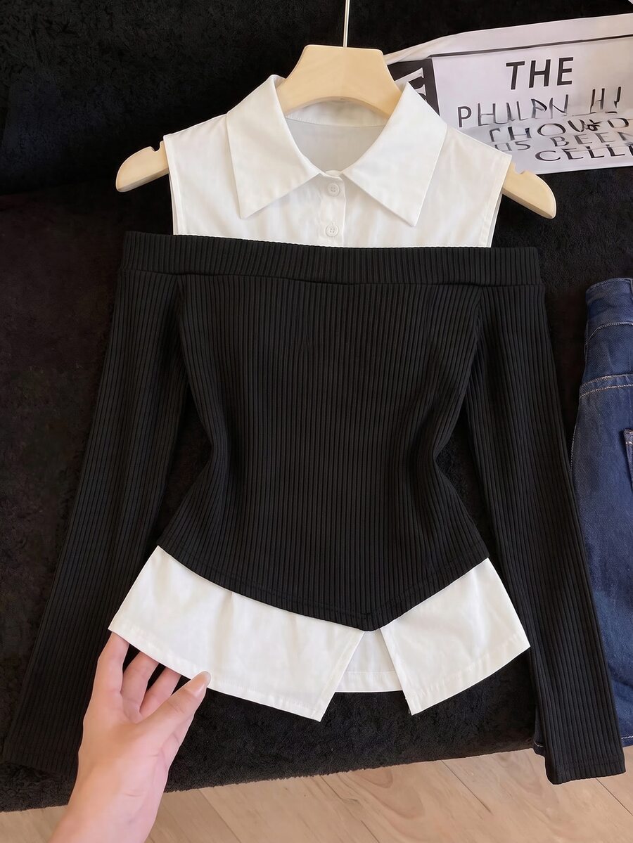 GlowEve Áo blouse dáng ngắn giả hai mảnh tay dài dệt kim gân cho nữ - Nhiều màu - Xem 1