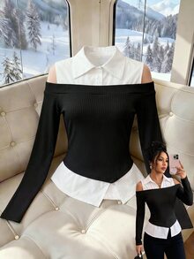 GlowEve Áo blouse dáng ngắn giả hai mảnh tay dài dệt kim gân cho nữ - Nhiều màu - Xem 4