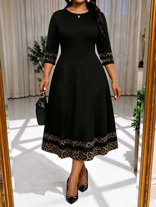 SHEIN Lady CURVE 大尺碼優雅傳統通勤豹紋拼接洋裝，適合教師節、正式辦公場合與雞尾酒會（黑色夏季款） - 黑色 - 查看 3