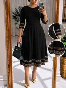 SHEIN Lady CURVE 大尺碼優雅傳統通勤豹紋拼接洋裝，適合教師節、正式辦公場合與雞尾酒會（黑色夏季款） - 黑色 - 查看 1