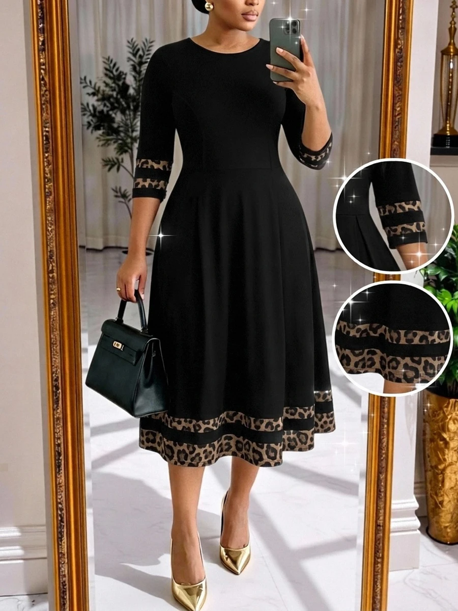 SHEIN Lady CURVE 大尺碼優雅傳統通勤豹紋拼接洋裝,適合教師節、正式辦公場合與雞尾酒會(黑色夏季款) - 黑色 - 查看 1