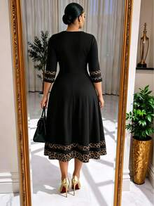 SHEIN Lady CURVE 大尺碼優雅傳統通勤豹紋拼接洋裝，適合教師節、正式辦公場合與雞尾酒會（黑色夏季款） - 黑色 - 查看 2