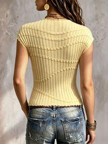 Modelyn Solid Cap Sleeve Ribbed Knit Top - Khaki - View 2