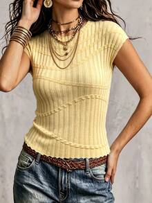 Modelyn Solid Cap Sleeve Ribbed Knit Top - Khaki - View 3